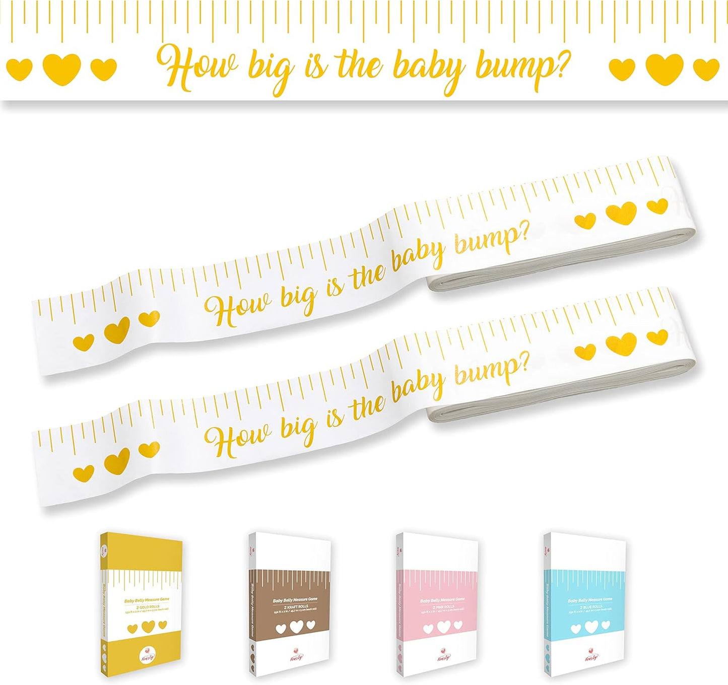 Party Hearty Funny Baby Shower Games for Girl and Boy Activities, 2 Rolls, 2 inch x 150 feet, Gold Tummy Measure, Fun & Easy Idea