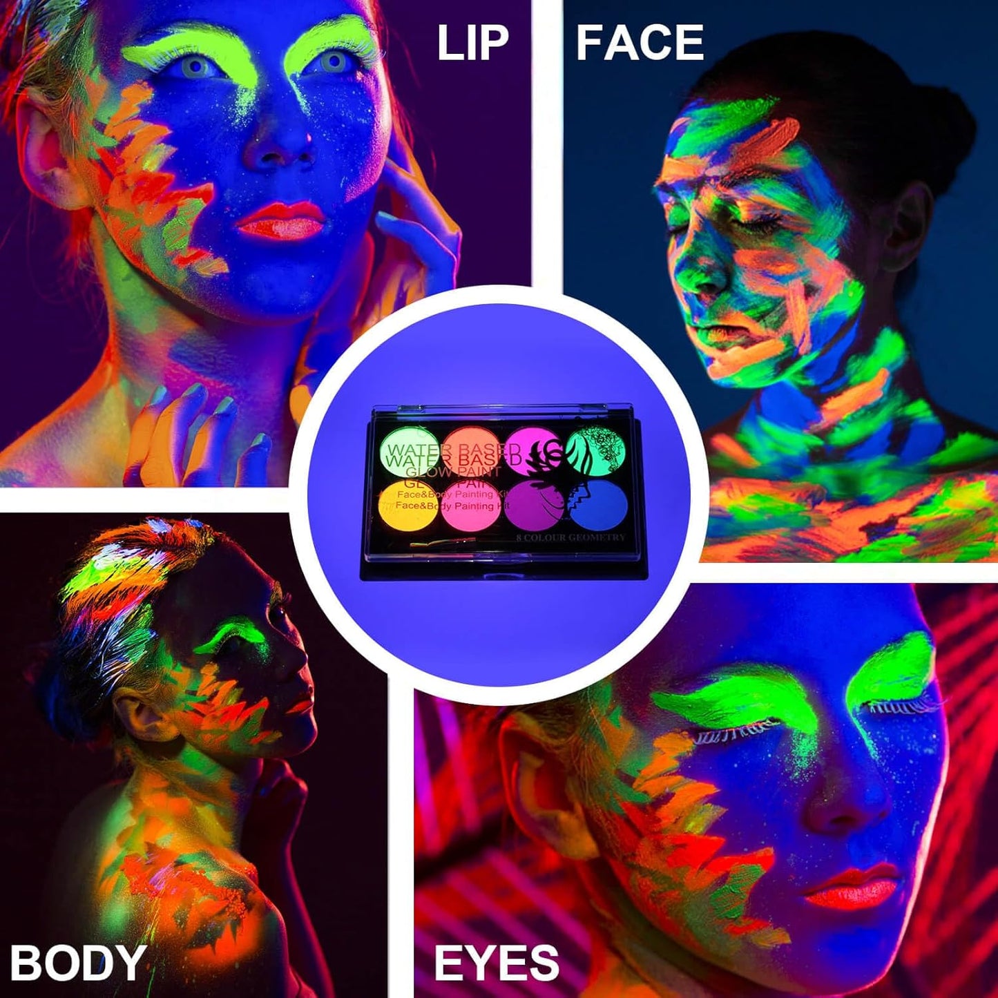 MEICOLY Neon Face Paint,UV Blacklight Glow Face Paint,8 Bright Colors Neon Fluorescent Rave Body Paint Palette,Water Activated Eyeliner,Water Based Glow In The Dark Halloween Washable for Kids Adults