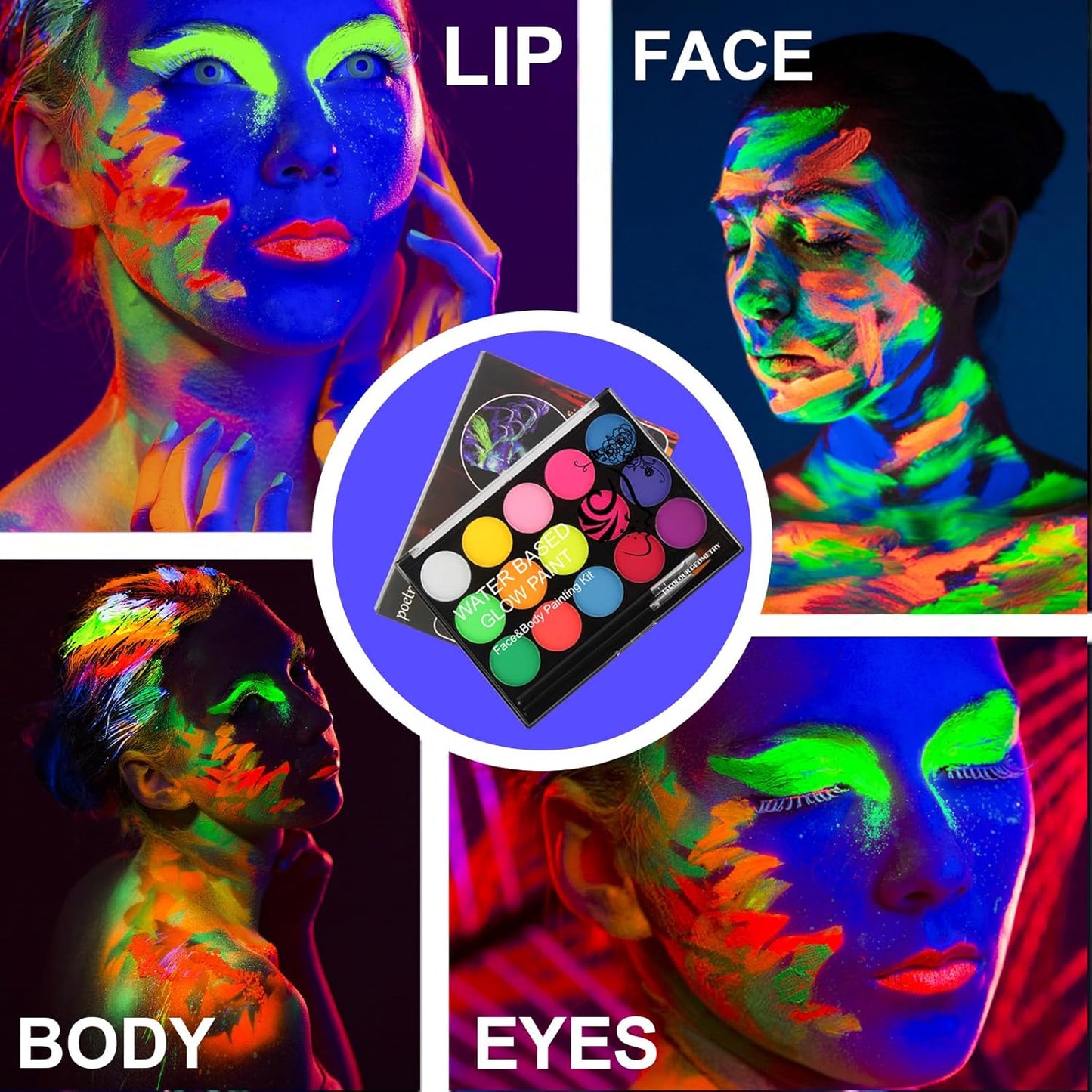 MEICOLY UV Blacklight Face Paint,15 Bright Colors Neon Fluorescent Body Painting Palette,Water Activated Eyeliner,Water Based Makeup Glow In The Dark Halloween Washable for Kids Adult Body Paint