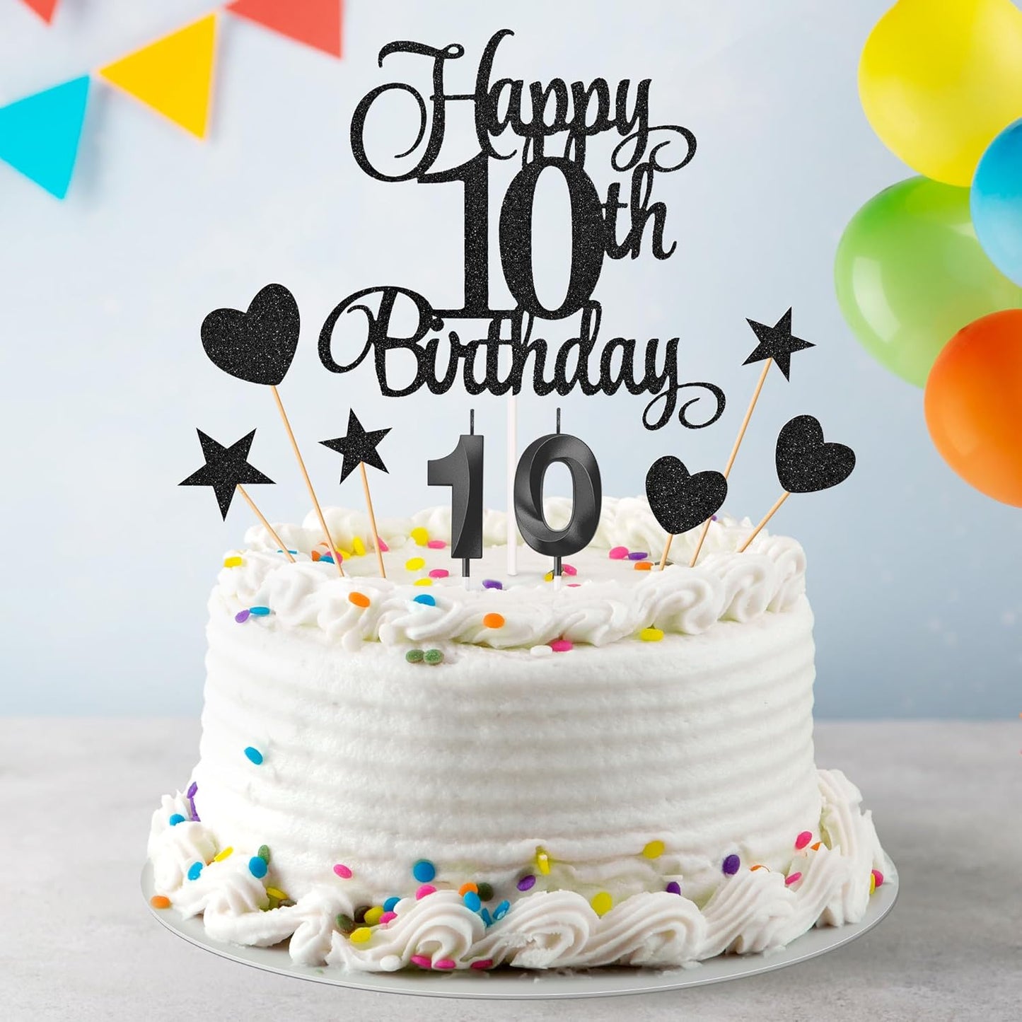 10th Birthday Cake Decorations, 10th Birthday Candles Cake Numeral Candles and Glitter Happy 10th Birthday Cake Toppers Set for Birthday Party Supplies (Black)