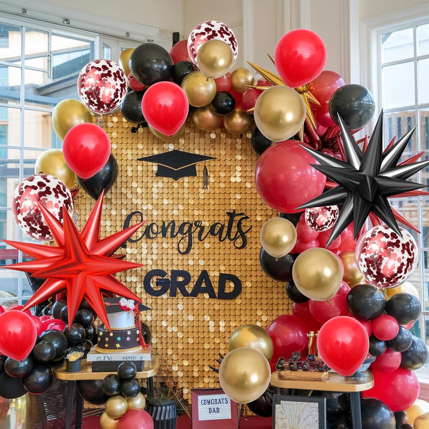 Red Black Gold Balloon Arch Kit with Explosion Star Foil Balloons Black Gold Balloons Red Confetti Graduation Balloon Garland for 2025 Graduation Decoration Birthday Baby Shower Party