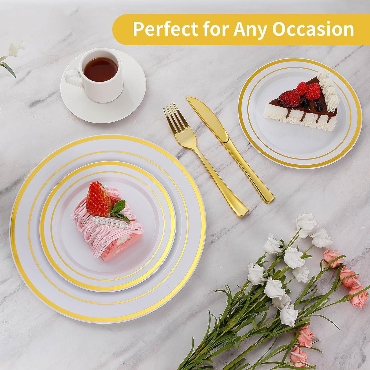 Goodluck 200PCS Gold Plastic Plates, Heavy Duty Disposable Gold Plates with 100 10.25 inch Dinner Plates and 100 7.5 inch Dessert Plates for Party, Holiday, Wedding, Thanksgiving