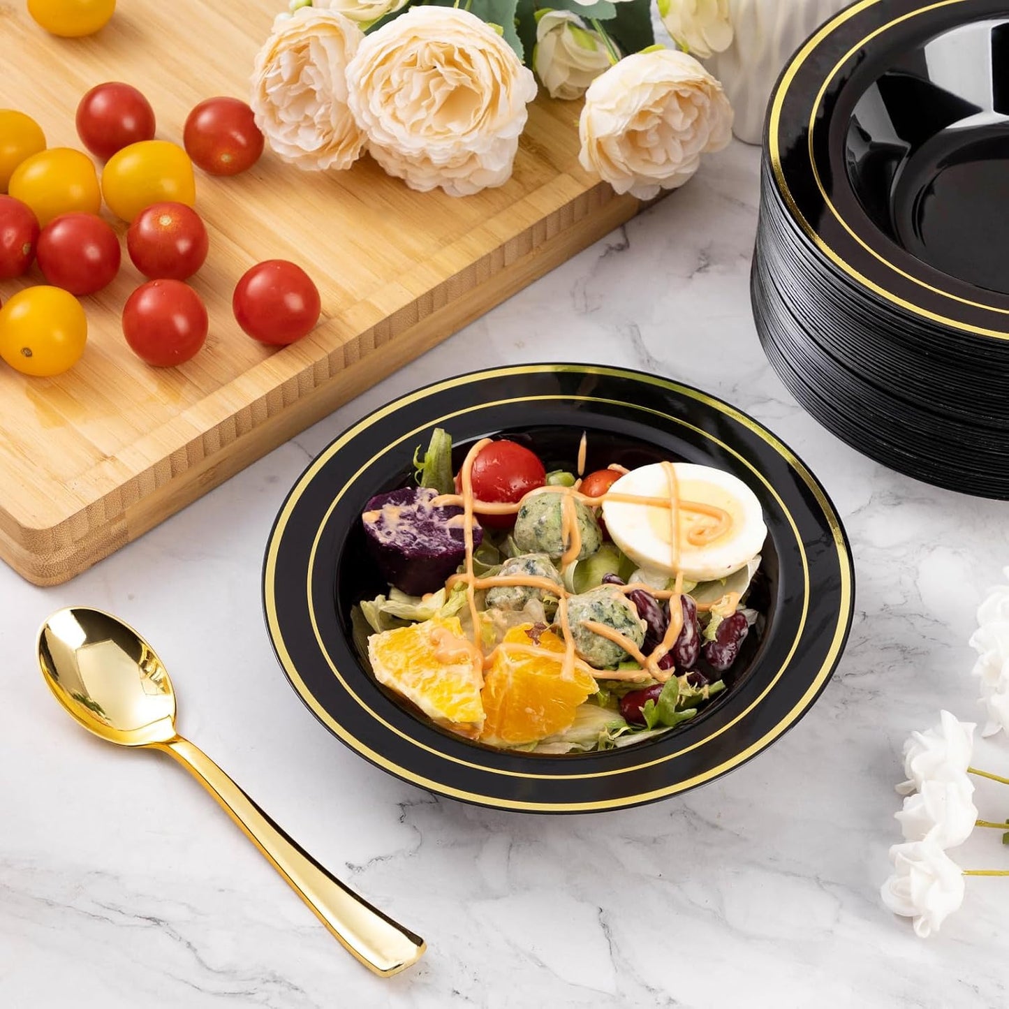 Goodluck 100 Pack Black Plastic Bowls with Gold Rim, 12oz Disposable Soup Bowls, Heavy Duty Dessert Bowls for Weddings, Parties, Dinners, Catering, and New Year