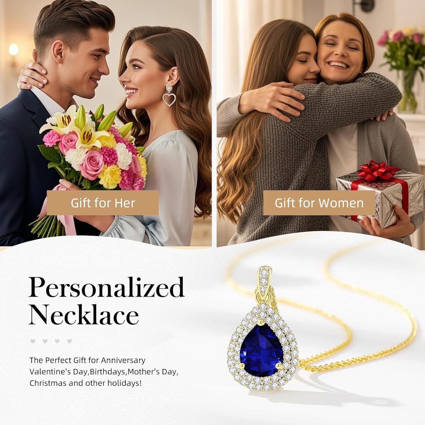 Gold Necklace for Women-Teardrop Birthstone Pendant-18K Gold Plated Chain with Light-Up Gift Box, Jewelry for Women,Anniversary Birthday Gifts for Her Wife Girlfriend Mom,Womens Jewelry