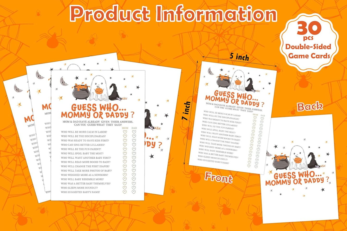 Halloween Mommy or Daddy Baby Shower Game, 30 Halloween Gender Reveal Games for Guests, 5x7 inch, Perfect for Neutral Gender Reveal Decorations Party Favors Supplies