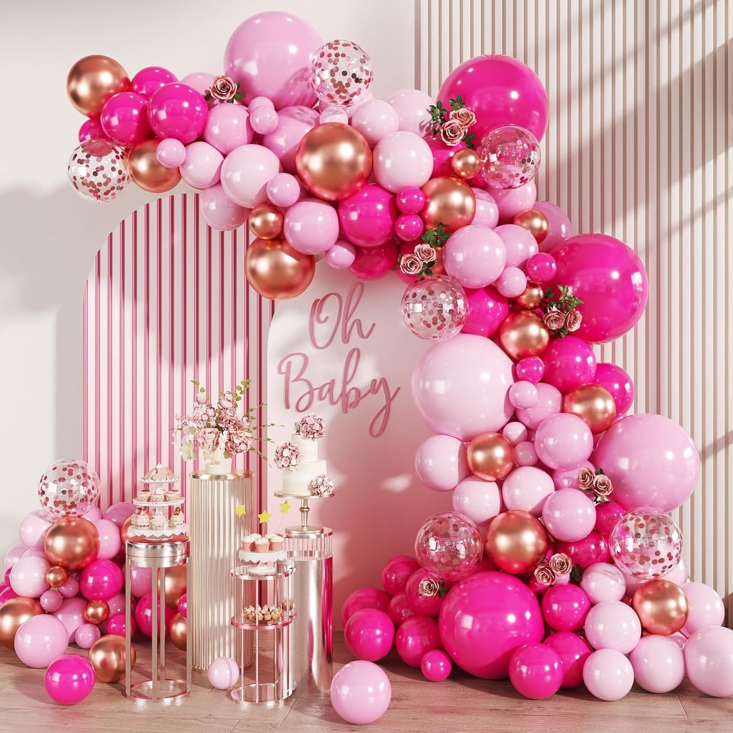 Pink and Rose Gold Balloon Garland Arch Kit, 147Pcs Hot Pastel Pink Metallic Rose Gold Balloons with Confetti for Bridal Baby Shower Birthday Princess Wedding Mother's Day