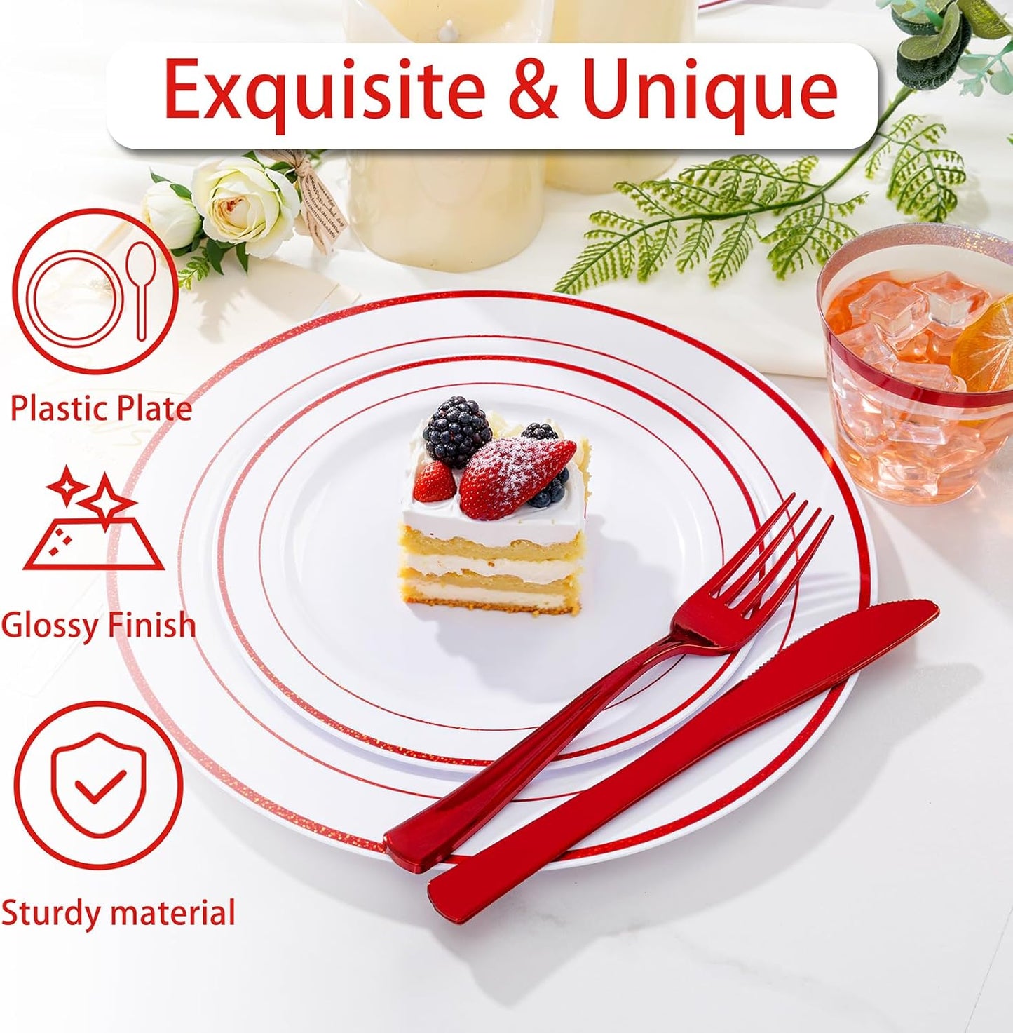 WELLIFE 350-Piece Red Plastic Party Dishware Set - 50 Dinner Plates, 50 Dessert Plates, 50 Cups, 50 Plastic Cutlery