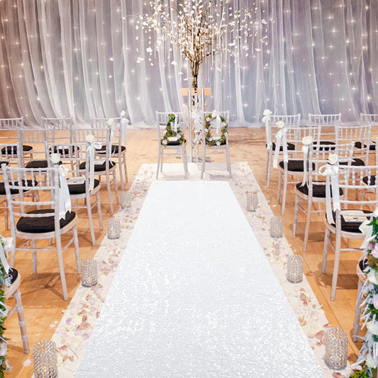 PartyDelight Wedding Aisle Runner for Ceremony White 4FTx15FT Sequin Carpet Sparkly Rug for Indoor Outdoor Weddings Engagement Decoration