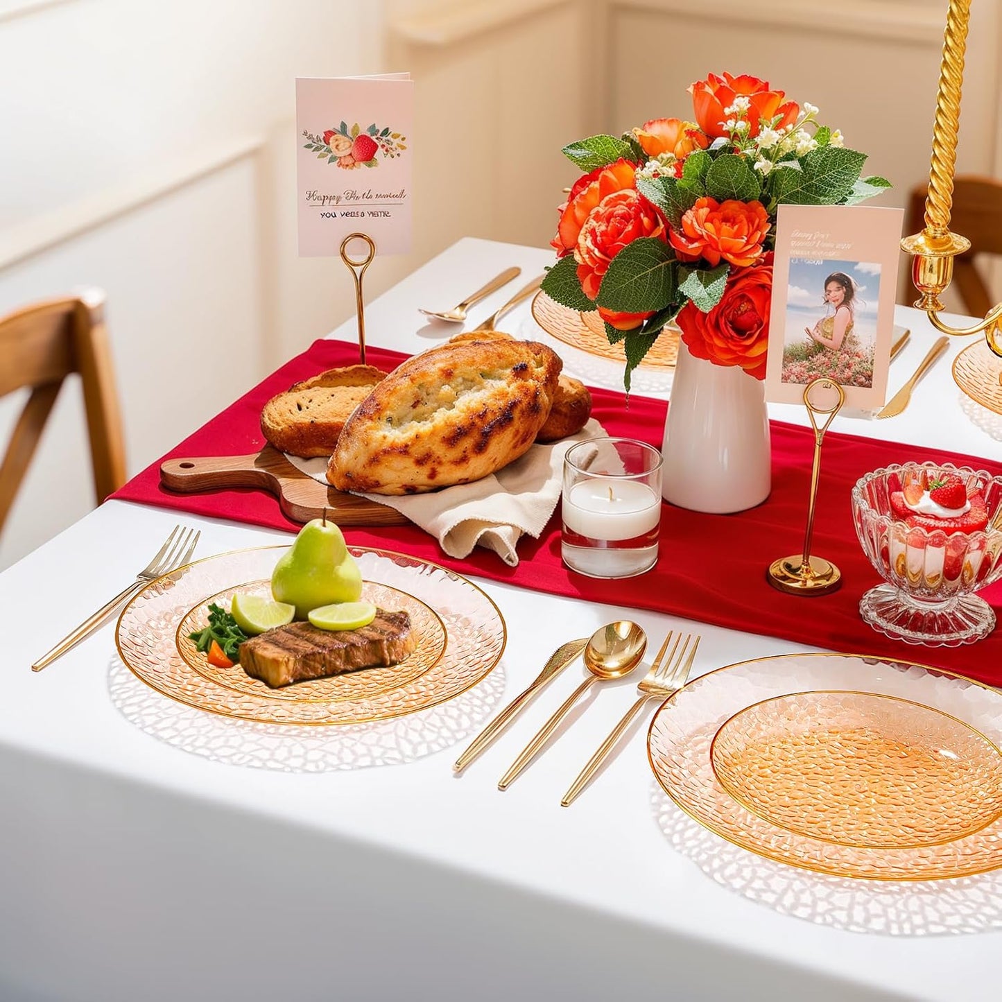 Rubtlamp 100Pcs Orange Plastic Plates, Orange Disposable Plates With Gold Rim, Hammered Plastic Plates Include 50 Dessert Platos, 50 Dinner Platos for Party