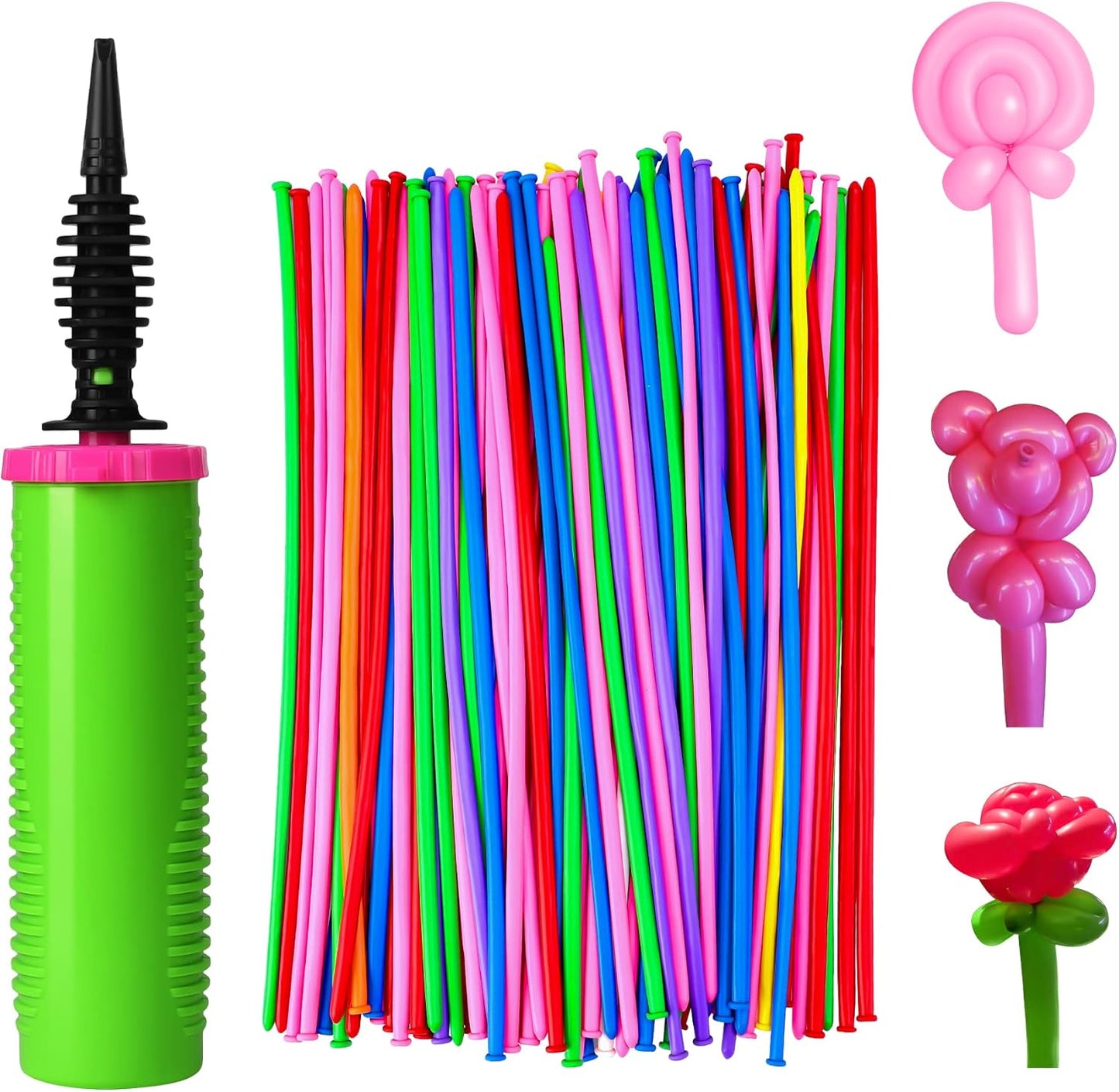 100Pcs 260 Balloons qualatex with 1 Hand Balloon Pump Kit, Professional Premium Quality Twisting Magic Long Balloons Assorted Color to Make Animal for Birthday Party Clowns Wedding Decorations