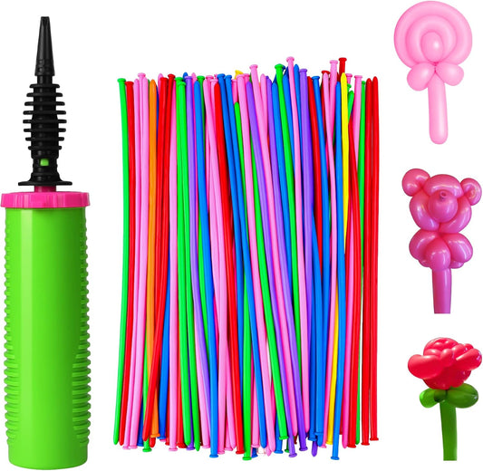 100Pcs 260 Balloons qualatex with 1 Hand Balloon Pump Kit, Professional Premium Quality Twisting Magic Long Balloons Assorted Color to Make Animal for Birthday Party Clowns Wedding Decorations
