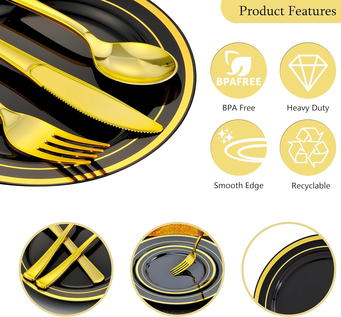 350 PCS Black and Gold Dinnerware Set for 50 Guests, Black Disposable Plates with Gold Rim for Party Wedding-50 Dinner Plates, Dessert Plates, Silverware Set,Napkins and Cups