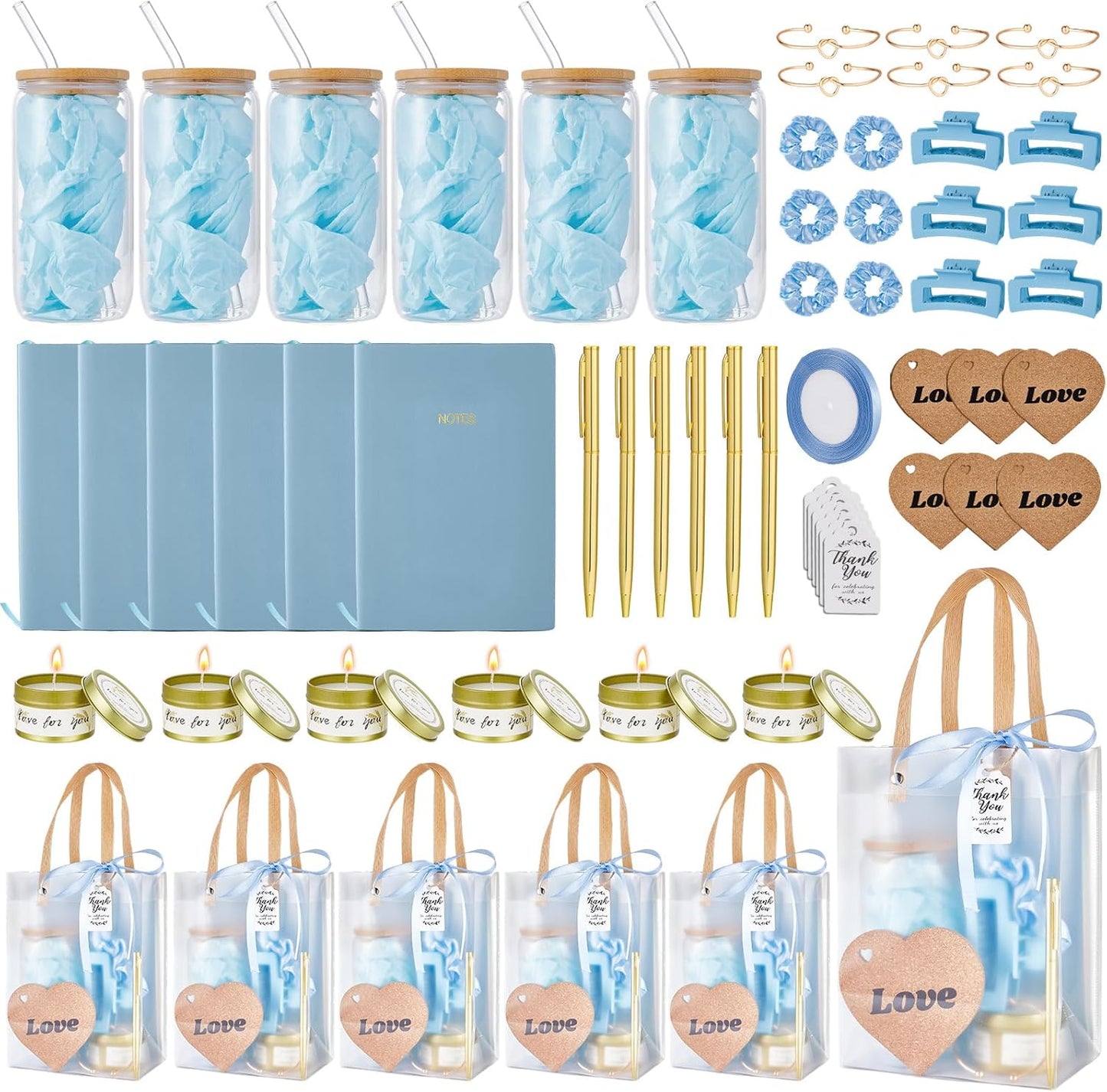 68Pcs Baby Shower Prizes for Game Winners Gifts Wedding Bridal Shower Gifts Including Glass Cans Notebooks Soy Candles Hair Clips for Baby Shower Wedding Bridal Shower Game Prizes (6, Blue)