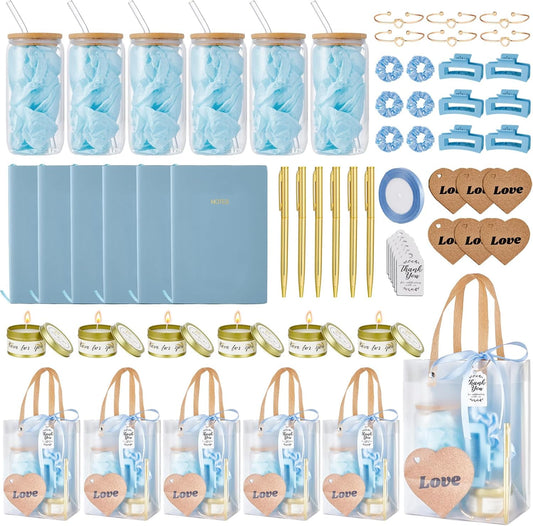 68Pcs Baby Shower Prizes for Game Winners Gifts Wedding Bridal Shower Gifts Including Glass Cans Notebooks Soy Candles Hair Clips for Baby Shower Wedding Bridal Shower Game Prizes (6, Blue)