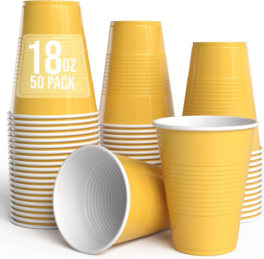 18 Oz Yellow Plastic Cups For Party Supplies 50 Pack | Yellow Disposable Cups Plastic | Disposable Drinkware For Parties, Events & Everyday