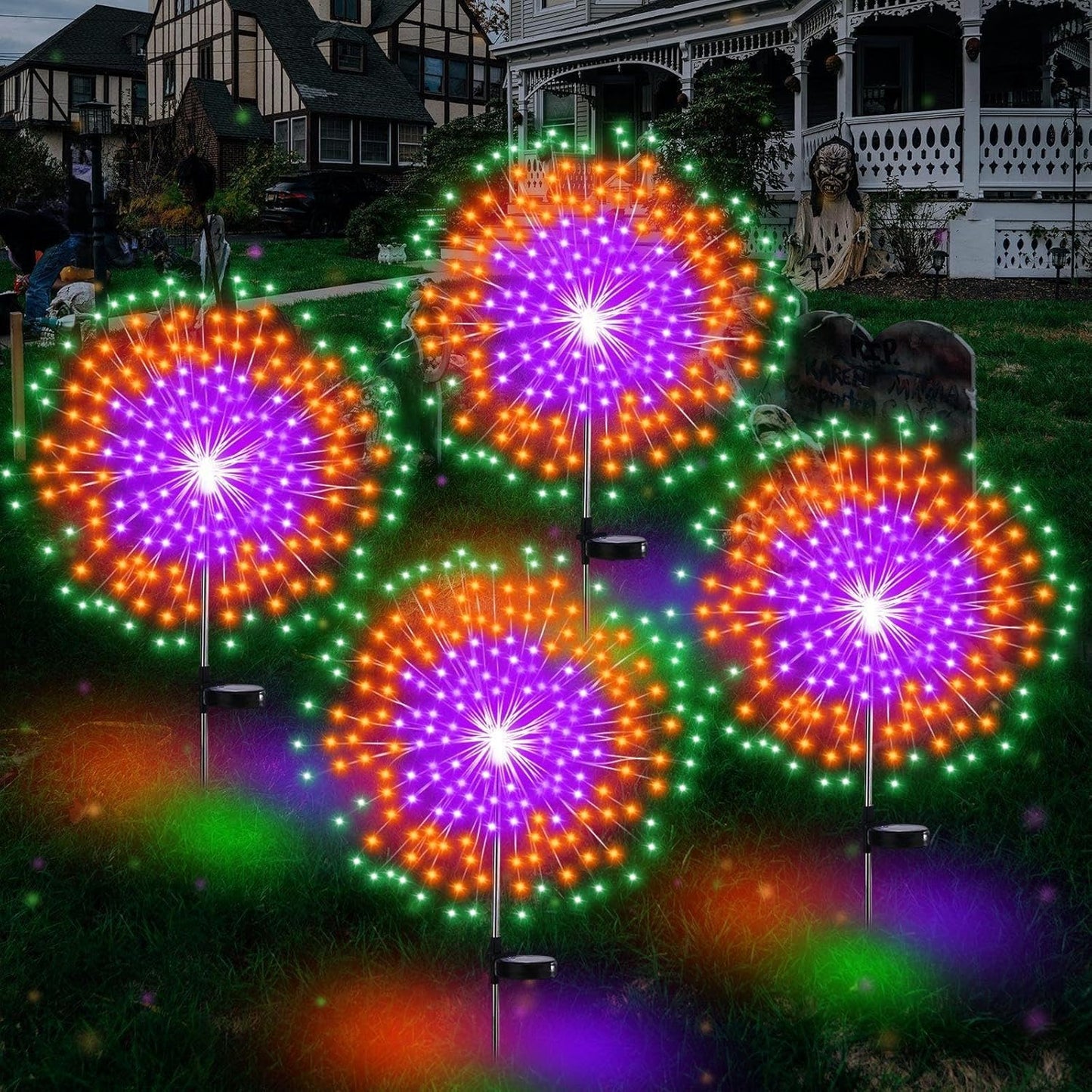 4 Pack Christmas Solar Firework Lights Decorations Garden Pathway Solar Power Light Stake Waterproof Landscape Lamp with 180 LED 8 Modes for Christmas Party Decoration(Green, Orange, Purple)