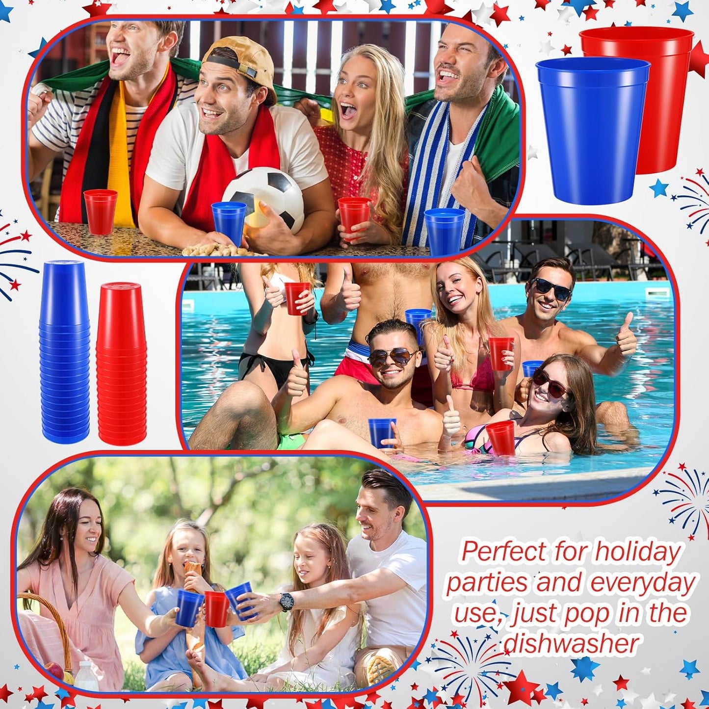 Yungyan 50 Pack 16oz Stadium Cups Reusable Plastic Cups Blank Drink Tumblers for Parties, Events, DIY Projects, 4.5 x 3.54 x 2.72 Inch (Red and Blue)