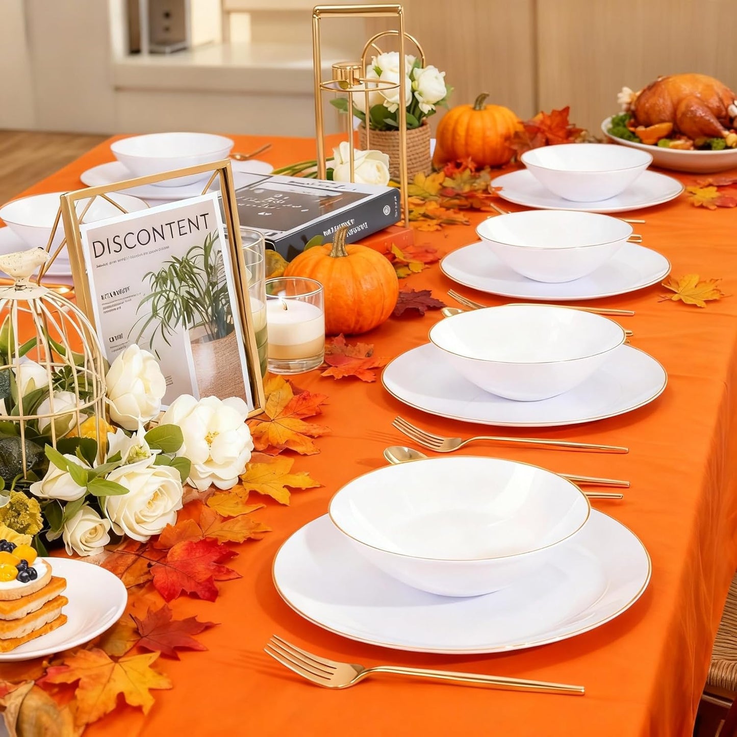 I00000 16 Oz 30 Count White Disposable Soup Bowls with Gold Rim Plastic Bowls Disposable Premium Heavyweight Elegant Plastic Salad Bowl for Thanksgiving, Parties, Weddings