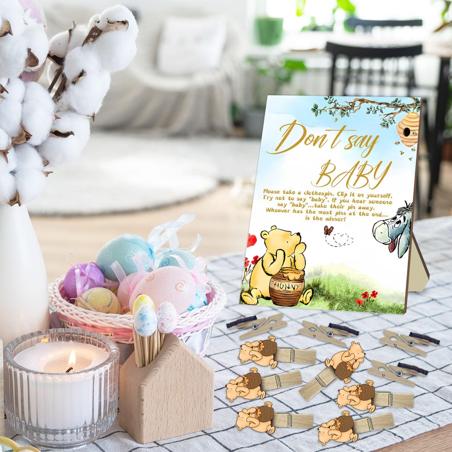 the Pooh Baby Shower Game Set, Include 1 Winnie Don't Say Baby Game Sign and 20 Mini Winnie Clothespins, Baby Shower Game Decor, Baby Shower Party Decorations Supplies