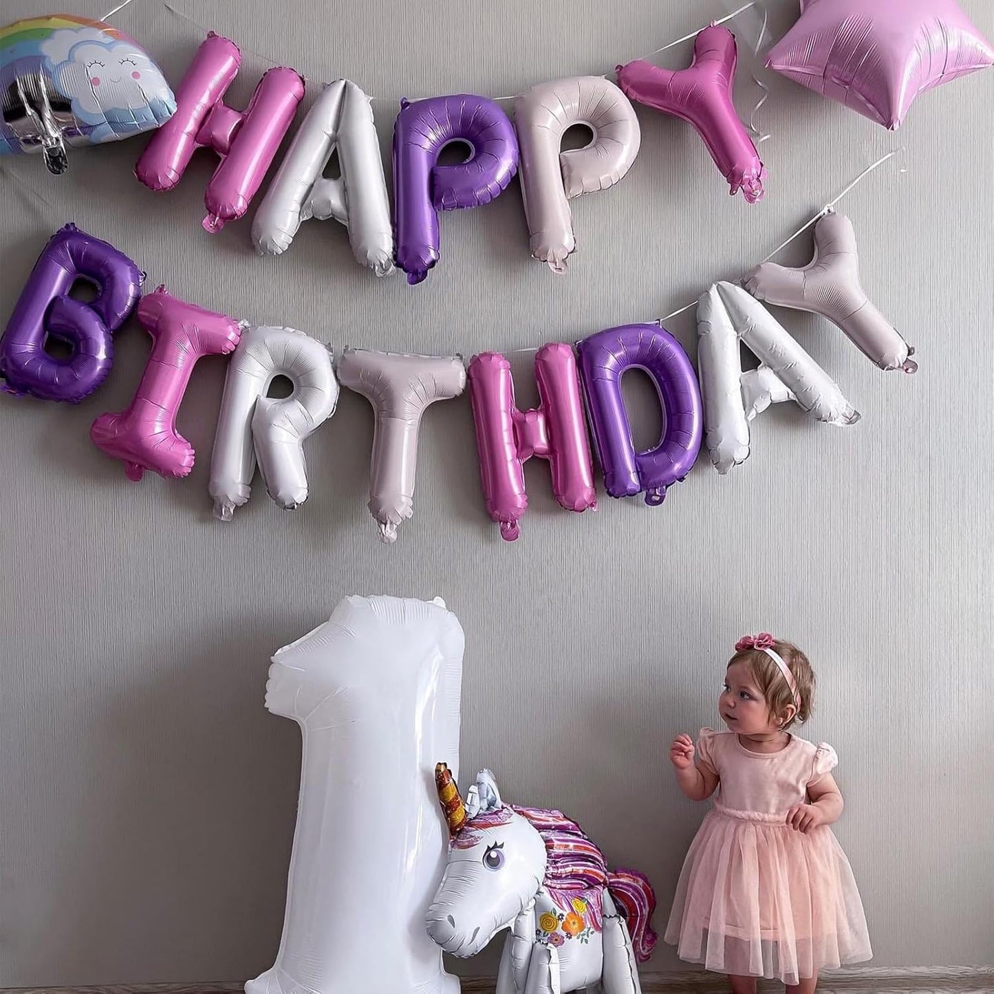 Purple Pink Happy Birthday Balloon Banner, 16 Inch Foil Mylar Happy Birthday Balloons Letters, Reusable Happy Birthday Sign, Pink and Purple Birthday Decorations for Women and Girls