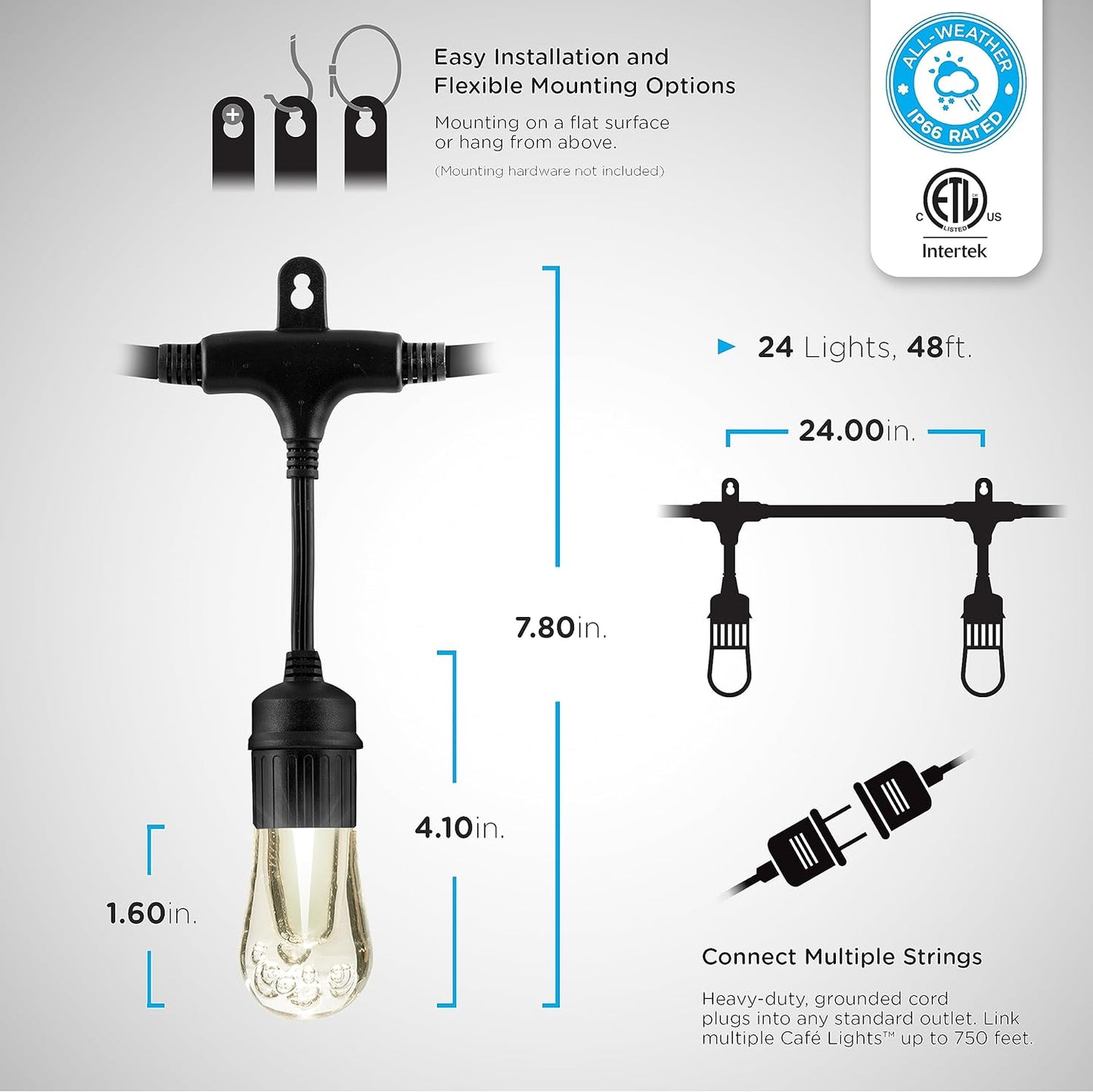 Enbrighten Vintage Outdoor String Lights, 48ft, 24 RGB Acrylic Bulbs, Weatherproof, RF Remote Control, Perfect for Holidays, Gameday, Parties, and More, 37790