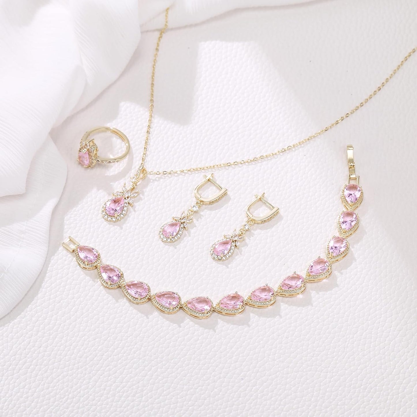 EleQueen Water Drop Pendant Necklace Long Dangle Earrings Tennis Bracelet Set, Sparkle Cubic Zirconia Teardrop Wedding Jewelry Sets for Bride Bridesmaid