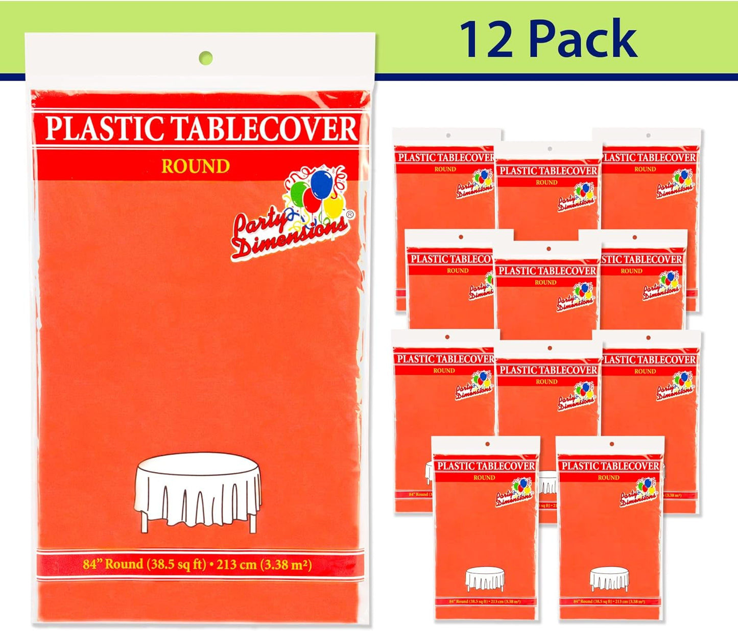 Party Dimensions Orange Tablecloths - Plastic for Round Tables, 84" (12 Pack) Premium Disposable Table Covers for Parties & Weddings, Indoors/Outdoors