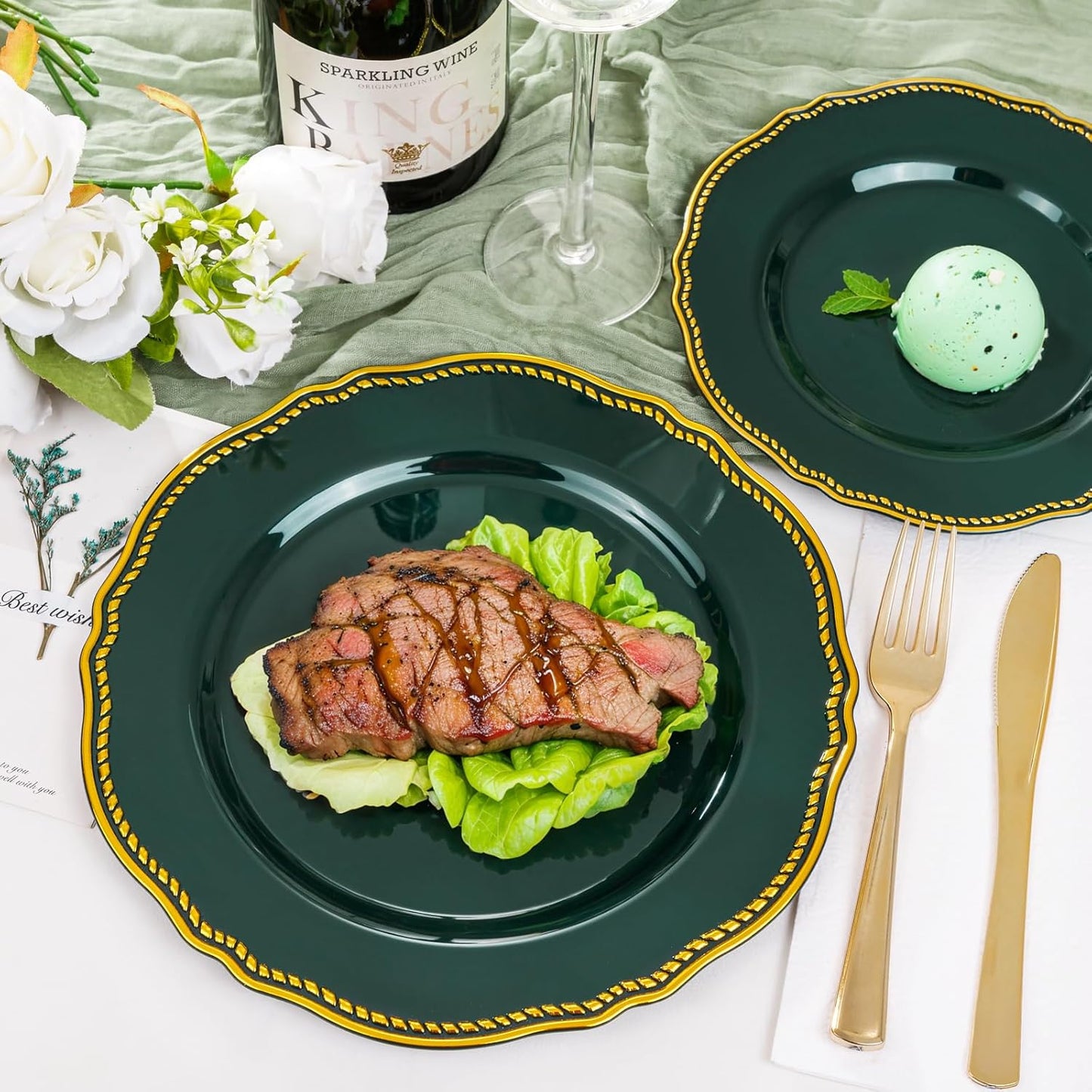 Hioasis 60pcs Green Plastic Plates - Green and Gold Disposable Dinnerware with Gold Rim, Heavy-duty, 10.25 inch, Dinner Plates for Party & Wedding