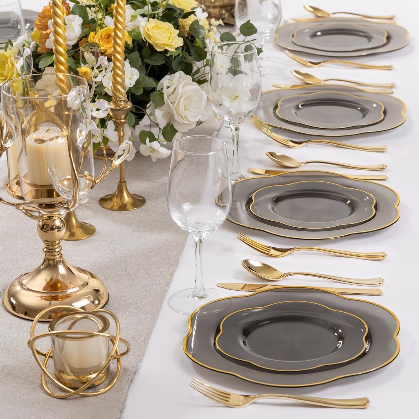Liacere 100PCS Durable Plastic Plates-Gray Plastic Plates with Gold rim-100PCS Gray Dinner Plates, Perfect for Wedding & Party & Holiday