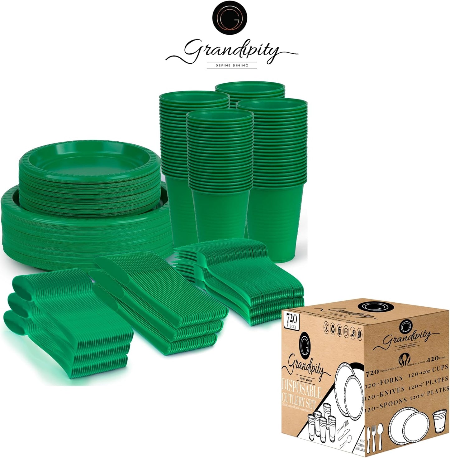 Grandipity 720 Piece Green Disposable Dinnerware Set, Plastic Dinnerware Set Includes 120 Count 9' Dinner Plates, 7' Dessert Plates, 12oz Cups, Forks, Knives & Spoons
