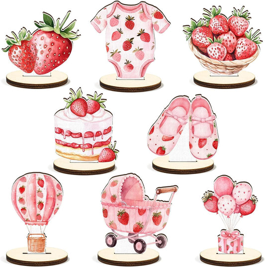 16 Pcs Wooden Strawberry Baby Shower Table Centerpiece A Berry Sweet Baby Is On The Way Tabletop Detachable Sign Boy Girl Gender Reveal Table Topper Display Decoration Birthday Photo Props Party Favor