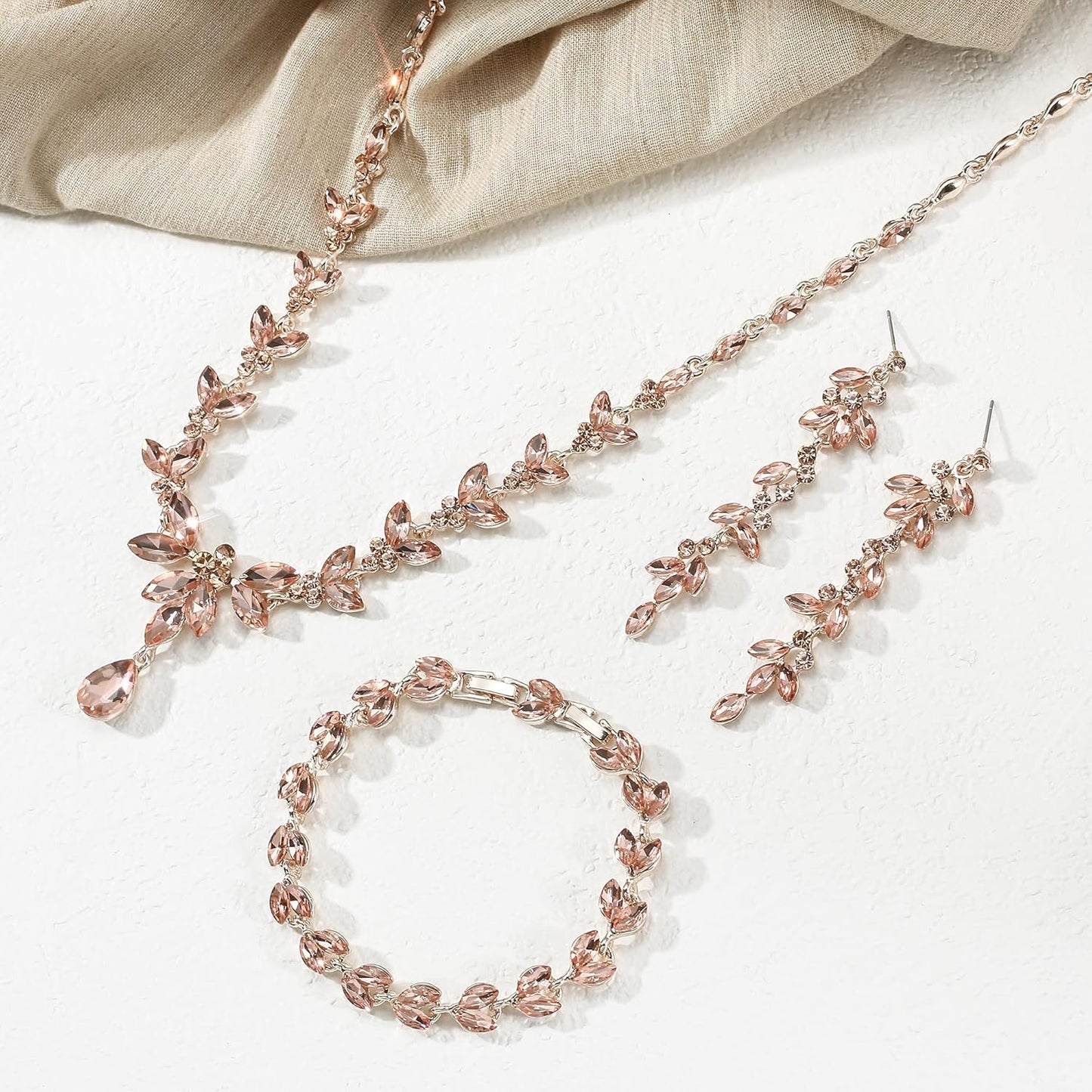 EVER FAITH Austrian Crystal Bridal Bridesmaid Jewelry Sets, Elegant Marquise Rhinestone Leaf Necklace Dangle Earrings Tennis Bracelet Set for Women