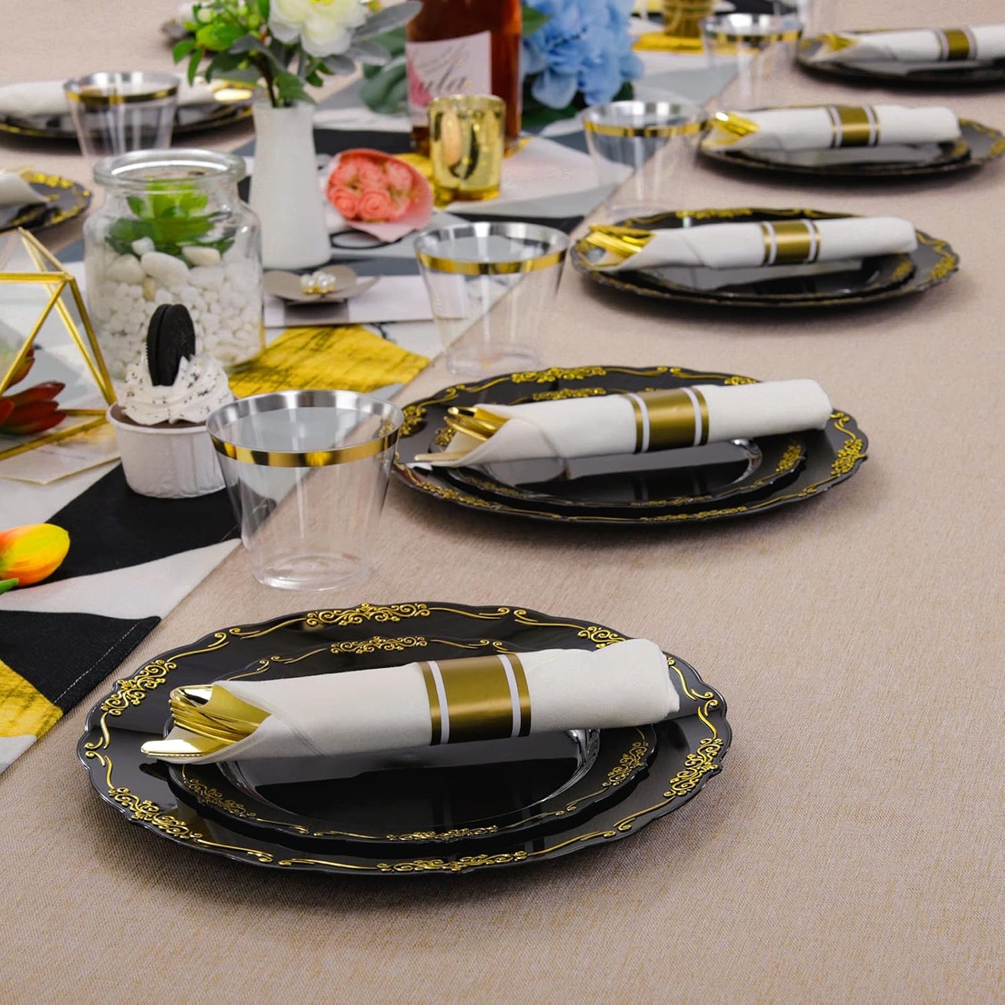 U-QE 175PCS Black Plastic Plates&Pre Rolled Napkins with Gold Cutlery, Black and Gold Plastic Dinnerware Set for 25Dinner Plates, 25Dessert Plates, 25Cups, 25Gold Silverware Sets, 25Napkins for Party