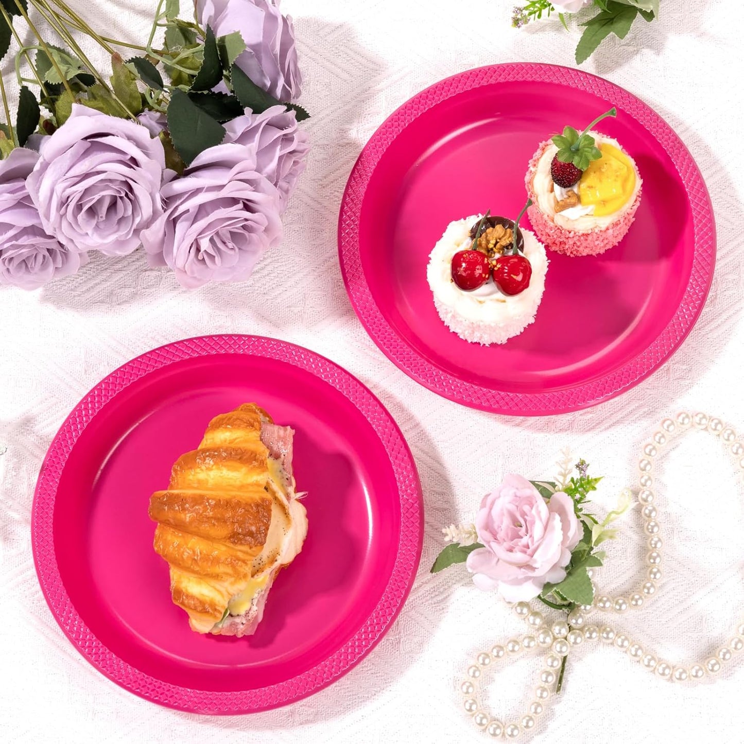 WELLIFE 7 Inch Plastic Plates Hot Pink 50 Count Disposable Plate for Party, Dessert Small Plates for Dinner Cake Salad Supplies Birthday