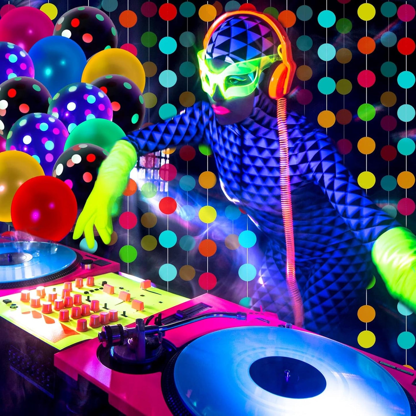 32 Pcs Glow in The Dark Party Supplies Christmas Neon Party Favors with 25 Fluorescent Balloon 6 Rolls 98.4 ft UV Blacklight Luminous Tape 14.4 ft Neon Streamer Garland for Adults(Classic Big Dot)