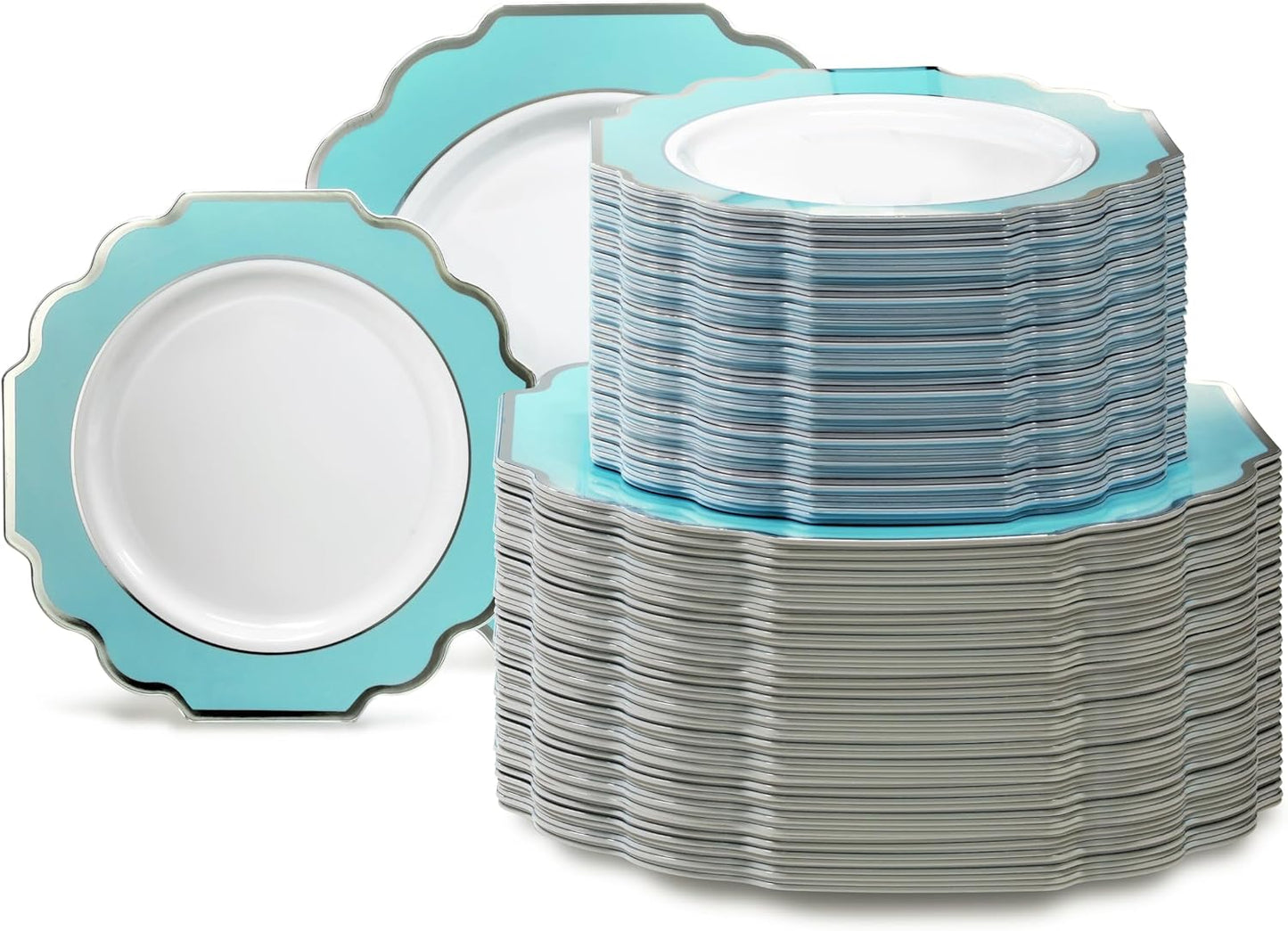 " OCCASIONS " 240 Plates Pack (120 Guests) Heavyweight Wedding Party Disposable Plastic Plates-120x10.5'' Dinner + 120x8'' Appetizer Plate (Imperial Aqua & Silver)