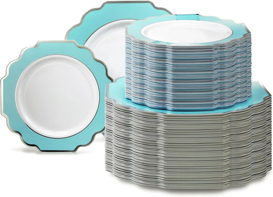 " OCCASIONS " 240 Plates Pack (120 Guests) Heavyweight Wedding Party Disposable Plastic Plates-120x10.5'' Dinner + 120x8'' Appetizer Plate (Imperial Aqua & Silver)