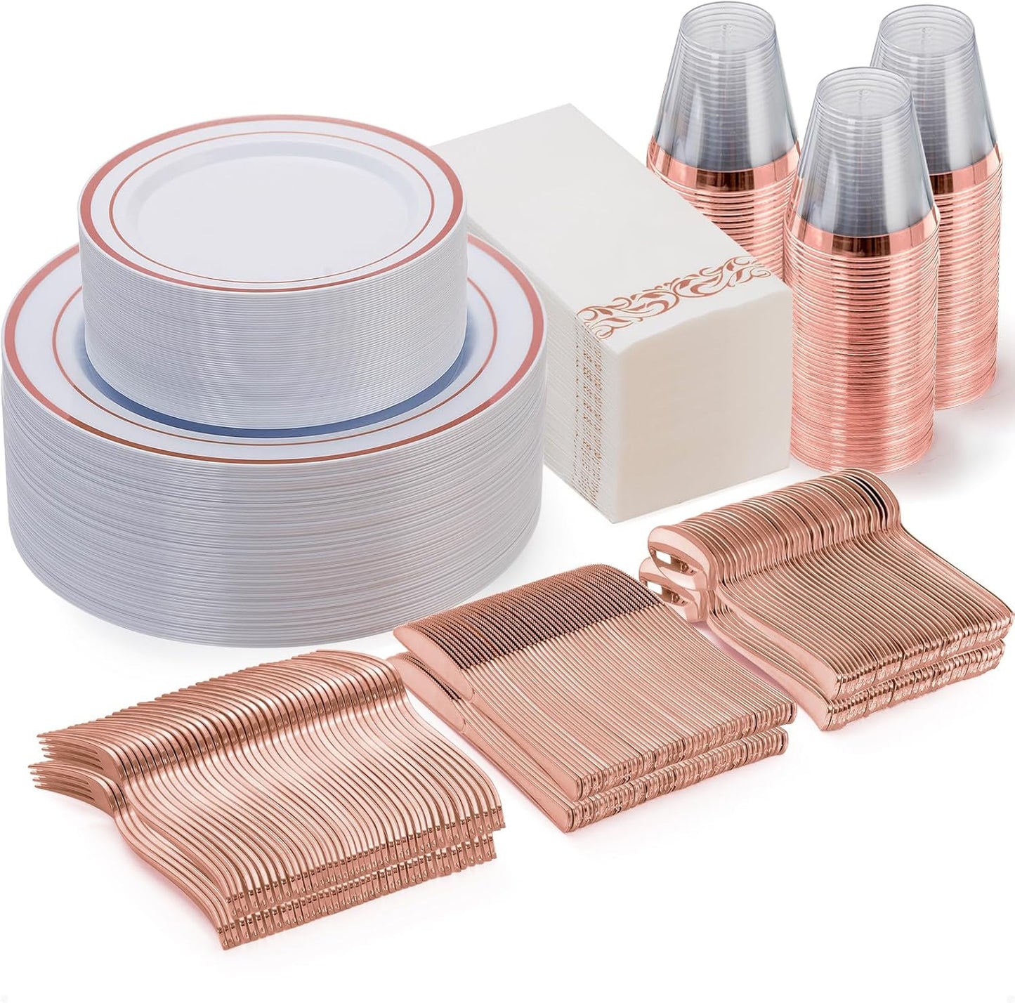 Goodluck 350 Piece Rose Gold Dinnerware Set for 50 Guests - Disposable Plastic Plates, Paper Napkins, Cups, Silverware for Party