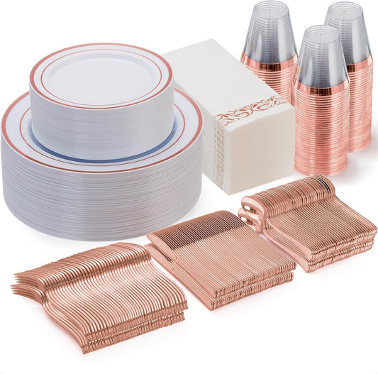 Goodluck 350 Piece Rose Gold Dinnerware Set for 50 Guests - Disposable Plastic Plates, Paper Napkins, Cups, Silverware for Party