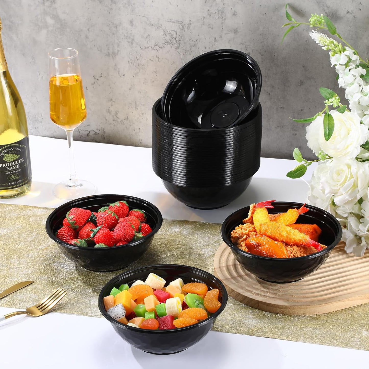 100 Pack 32oz Black Disposable Plastic Bowls Plastic Salad Bowls Large Stackable Serving Soup Dinnerware for Birthdays, Weddings, Parties, Festivals