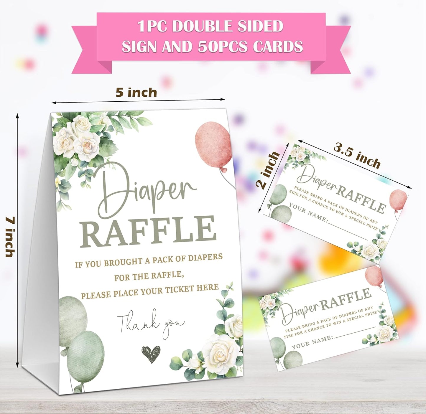 Sage Green Baby Shower Diaper Raffle, Baby Shower Game, Include One 5×7 Sign and 50 Diaper Raffle Tickets, Greenery Balloons Gender Reveal Party Decoration Supplies - FG07