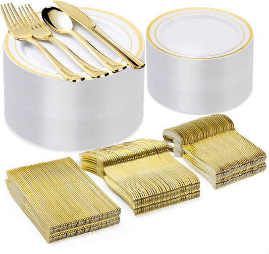 BESTVIP 300PCS Gold Plastic Plate Set (50 Guests), Plastic Plates for Party Wedding Birthday, Disposable Dinnerware Set of 100 Plates, 100 Forks, 50 Spoons, 50 Knives for Christmas, Thanksgiving