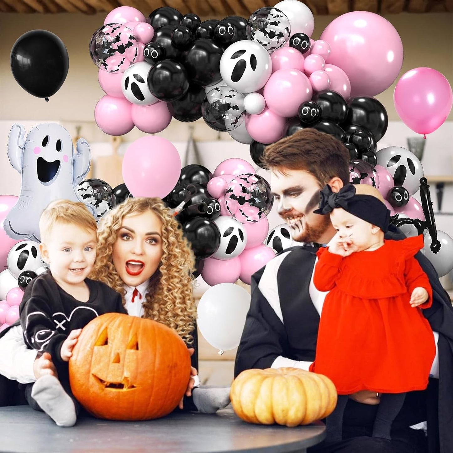 Halloween Balloon Arch Kit, Black Pink Balloons Garland Arch Kit with Large Ghost and BOO Foil Balloon, Eyes Bat Ghost Printed White Balloons For Halloween Decorations Home Garden Party Supplies