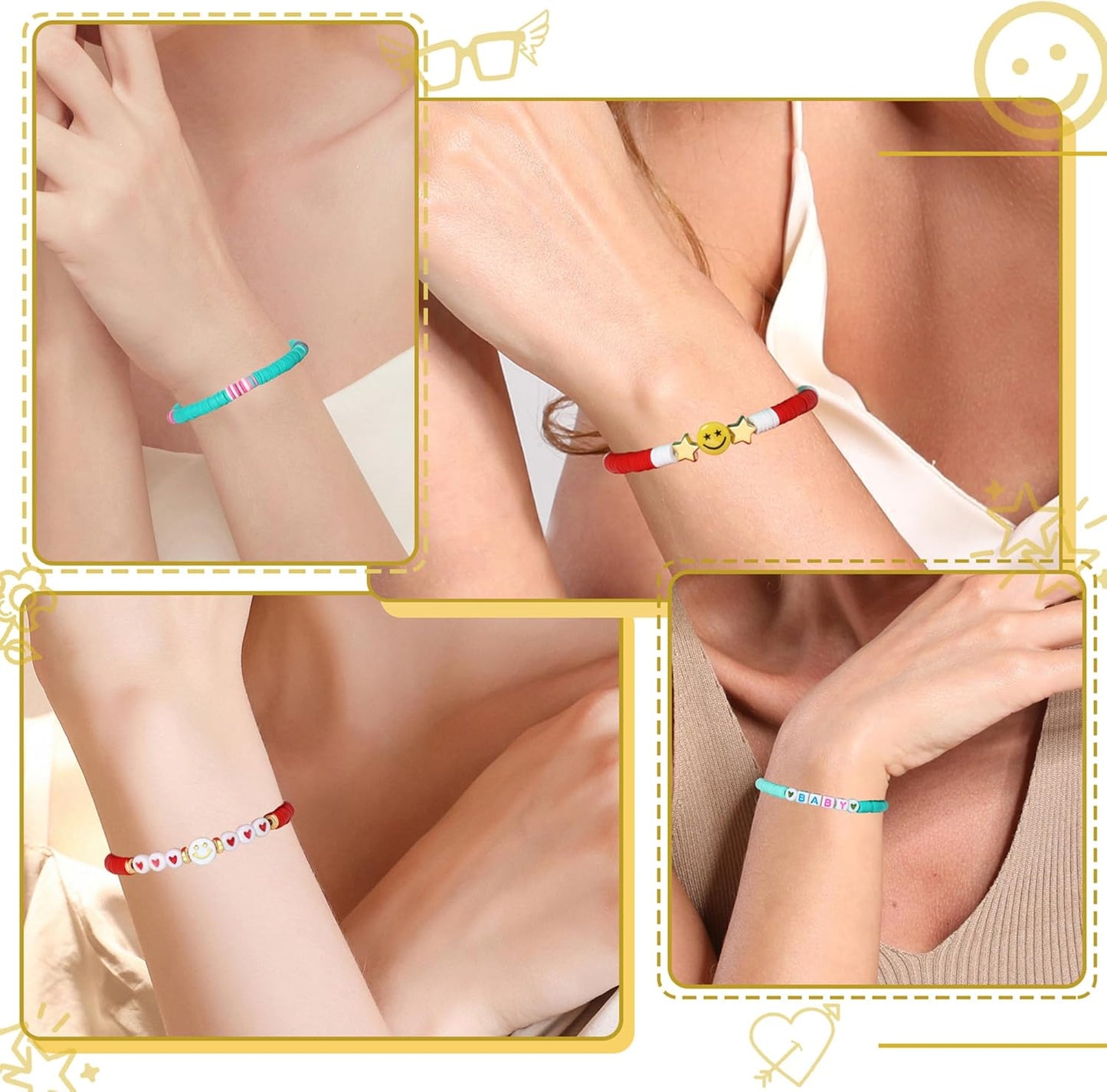 Preppy Bracelets Set Colorful White Gold Smile Heart Star Polymer Beaded Pearl Clay Stackable Charm Y2K Kidcore Aesthetic Summer Beach Bohemian Stretch Layering Bracelets Jewelry for Girls Women Teens