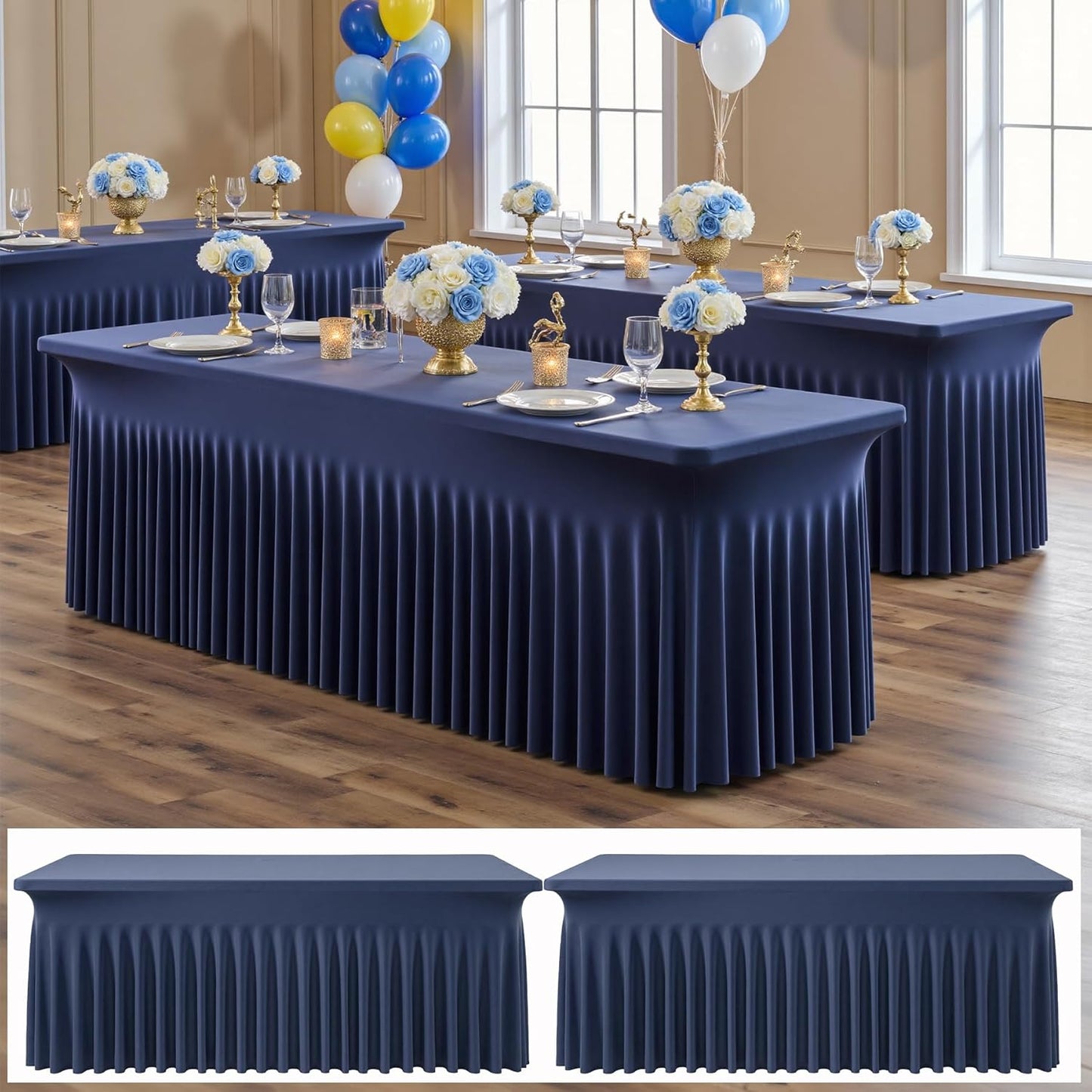 2 pk Navy Blue Spandex Tablecloth 8ft With Ruffle Table Skirt, Wrinkle Free Stretchy Fitted Tablecloths for 8 Foot Rectangle Tables, Elastic Spandex Table Covers 8ft for Weddings Parties Banquet Craft