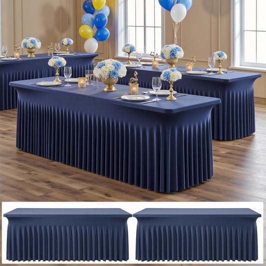 2 pk Navy Blue Spandex Tablecloth 8ft With Ruffle Table Skirt, Wrinkle Free Stretchy Fitted Tablecloths for 8 Foot Rectangle Tables, Elastic Spandex Table Covers 8ft for Weddings Parties Banquet Craft