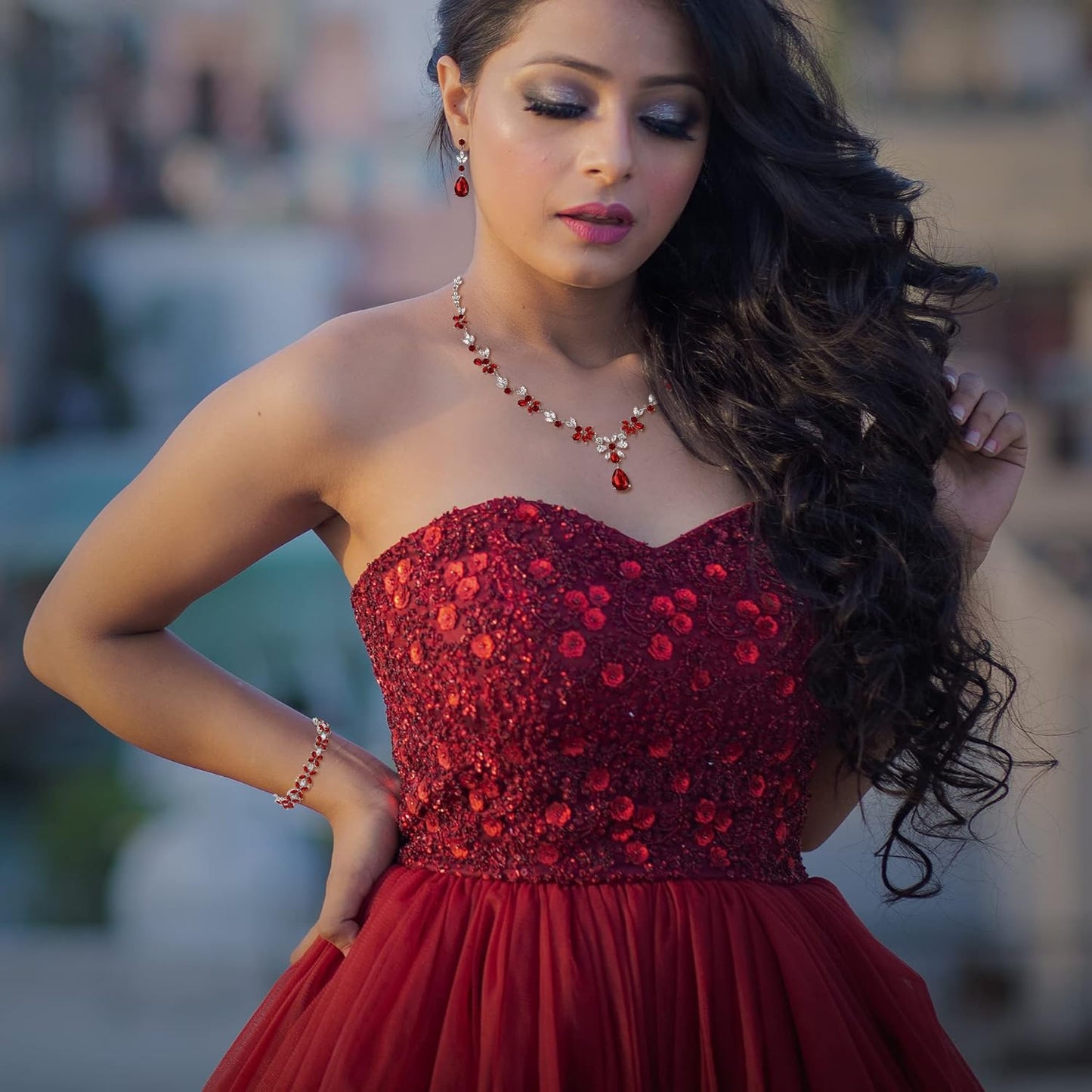 Crysdue Wedding Jewelry Set for Women, Floral Leaf Vine Teardrop Necklace Dangle Earrings Bracelet and Hair Comb, Cubic Zirconia Elegant Party Prom Jewellery for Bridal Bridesmaid