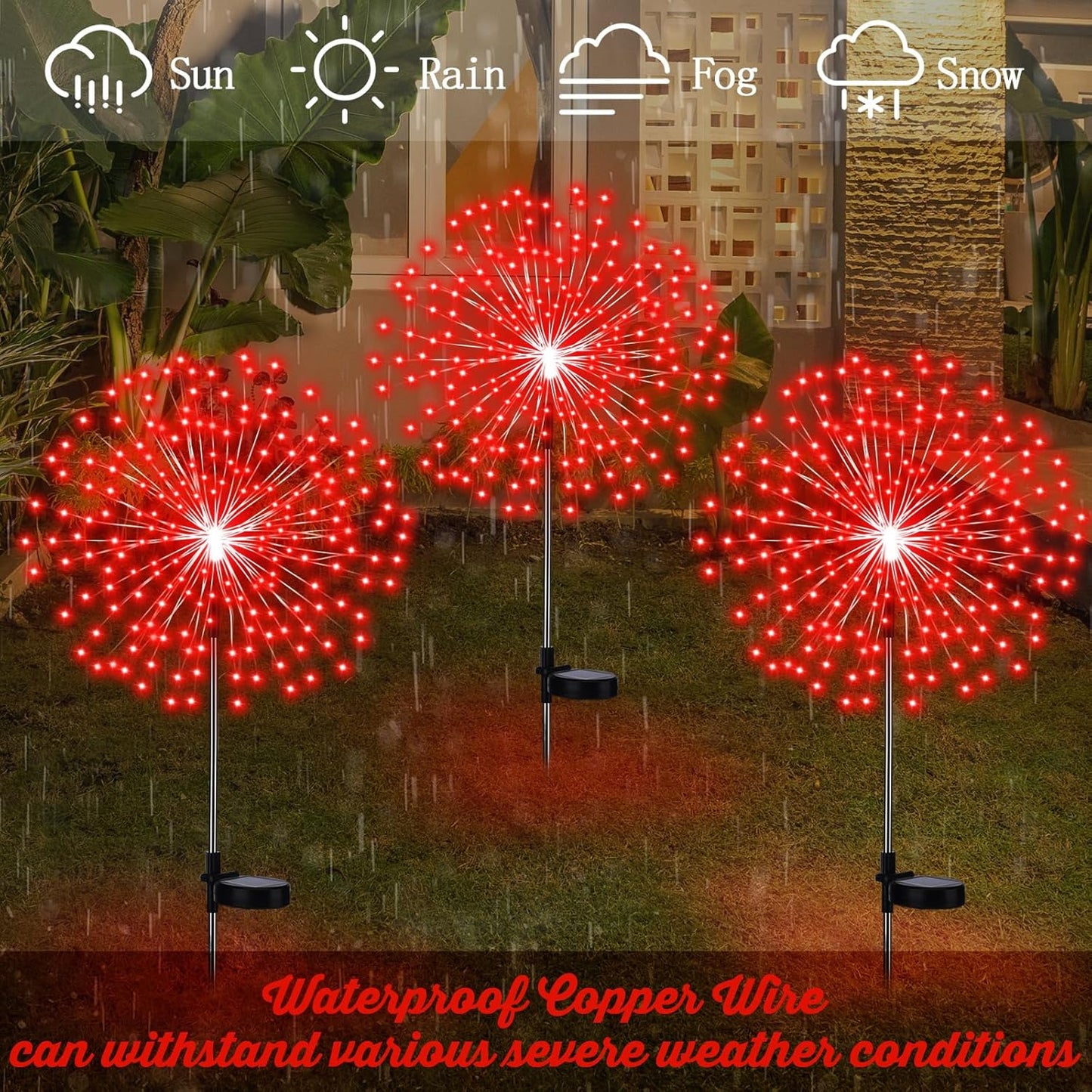 4 Pack Christmas Solar Firework Lights Decorations Garden Pathway Solar Power Light Stake Waterproof Landscape Lamp with 180 LED 8 Modes for Christmas Party Decoration(Red)
