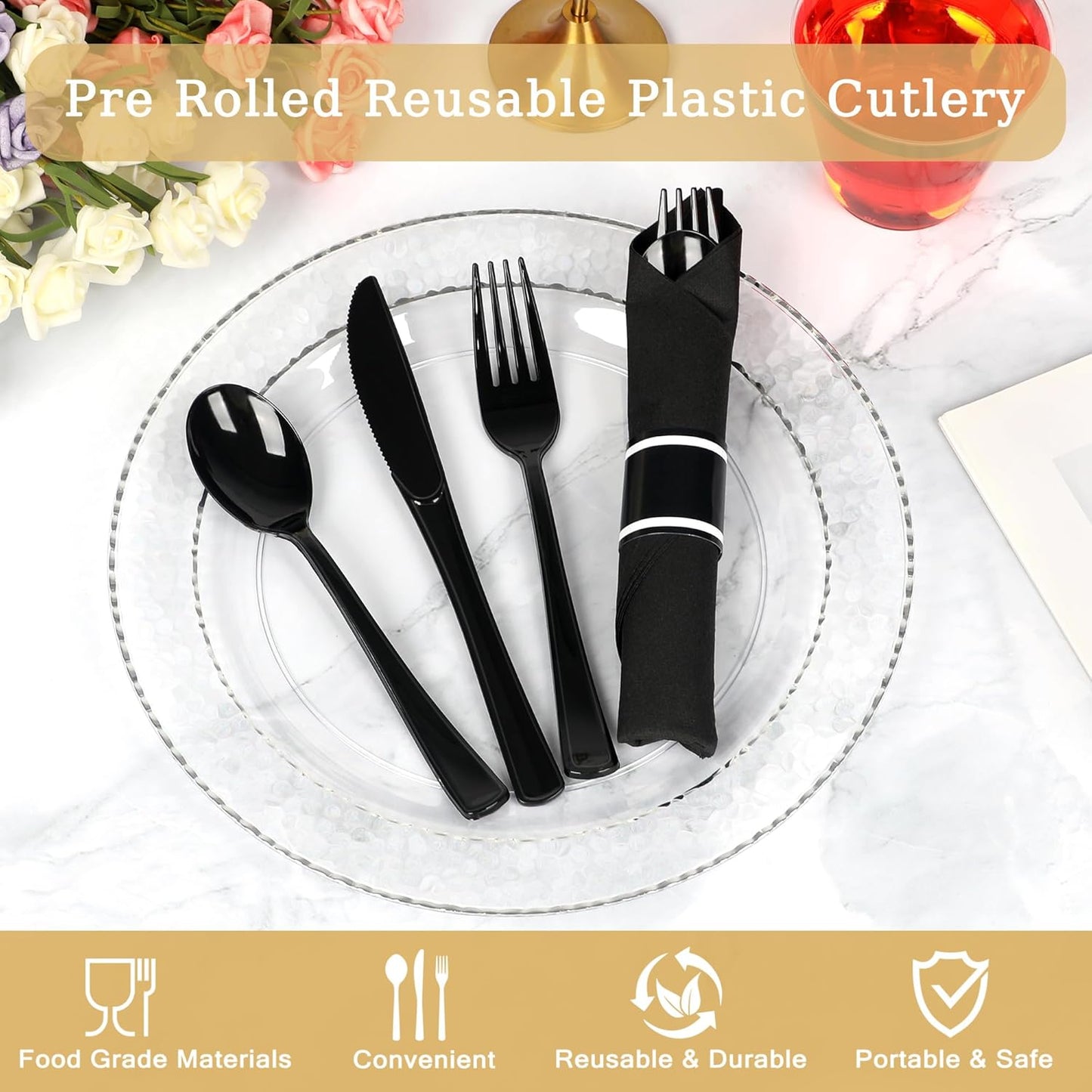 50 Pack Pre Rolled Black Plastic Silverware Set,Wrapped Plastic Cutlery Set with Napkin Include 50 Forks,50 Spoons,50 Knives and 50 Black Napkins for Party,Wedding