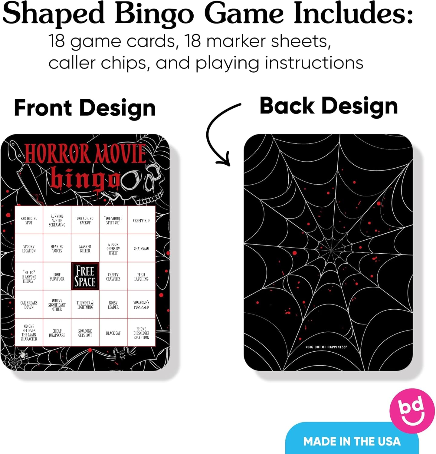 Big Dot of Happiness Horror Movie Bingo, Halloween Party Games, Scary Movie Night Activity, Interactive Watch Party Halloween Bingo - Set of 18